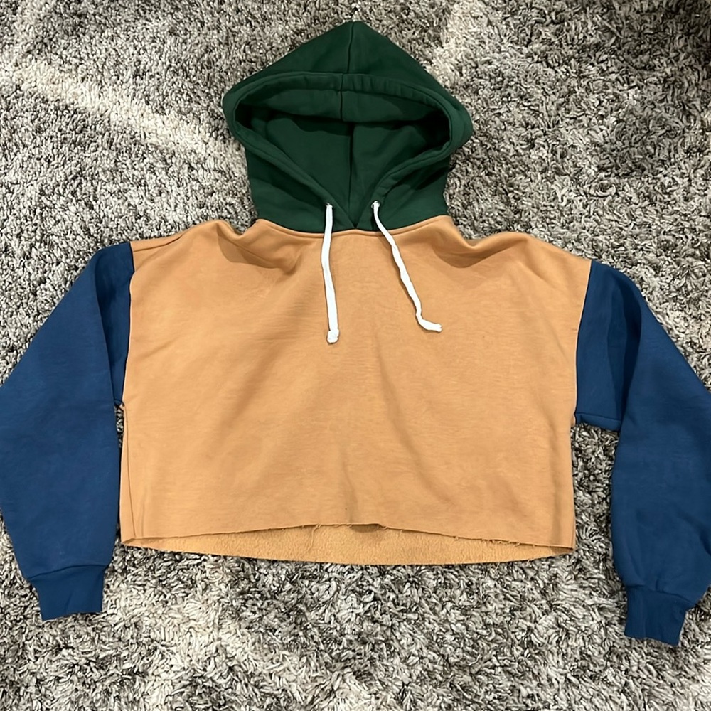 Urban Outfitters Cropped Hoodie Colorblock Green Blue Tan sz Medium